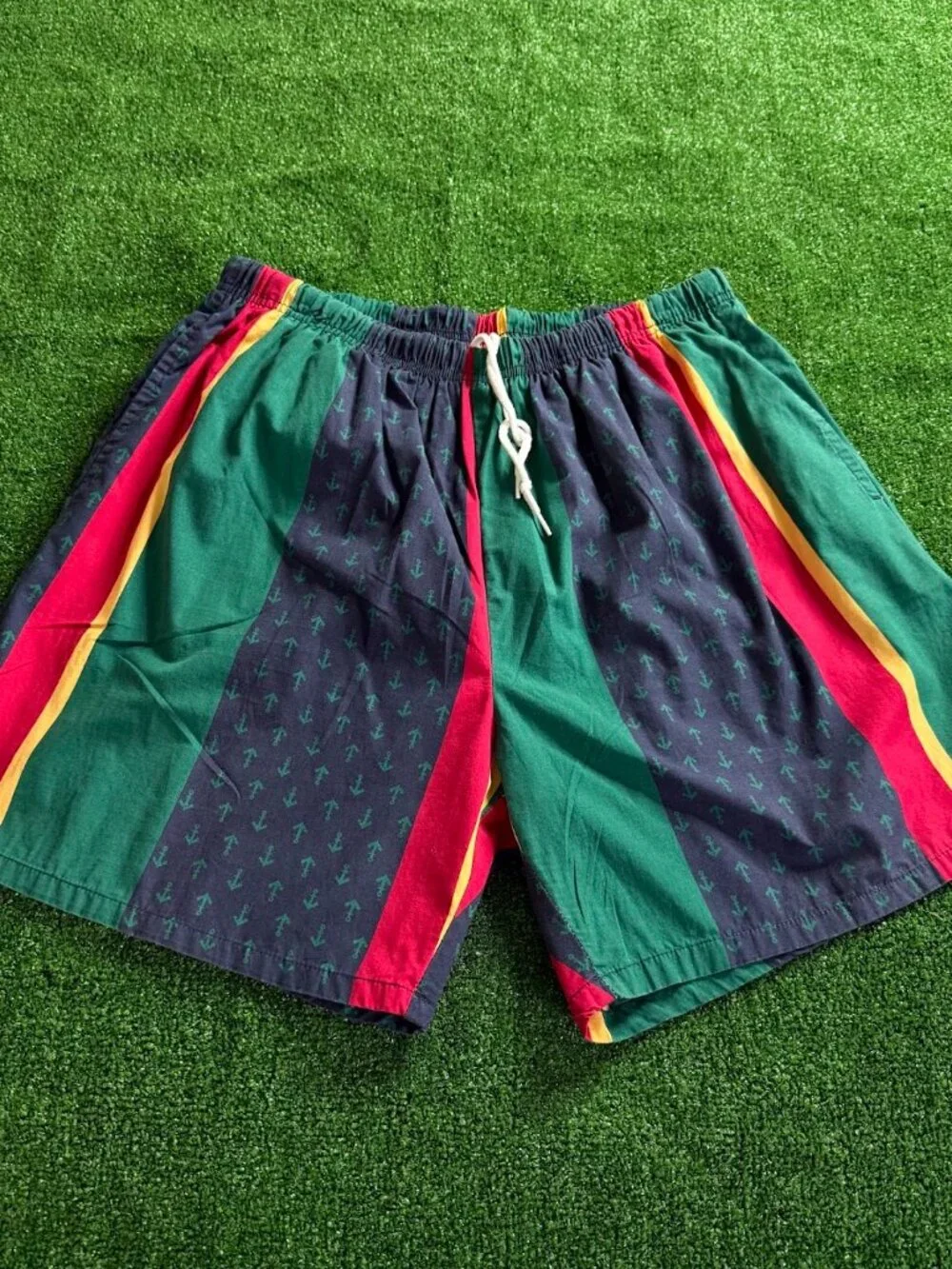 Vintage 90s Nautica Swim Trunks XL Cotton Nautical Anchor Stripe Made in Taiwan